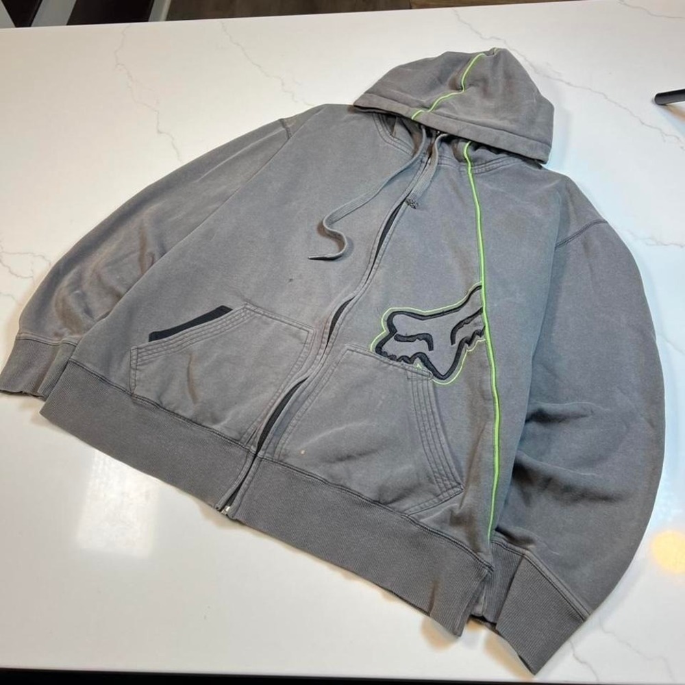 Fox Racing Hoodie Mens XL Gray Neon Green Zip Up Y2K Motocross Skater Vintage